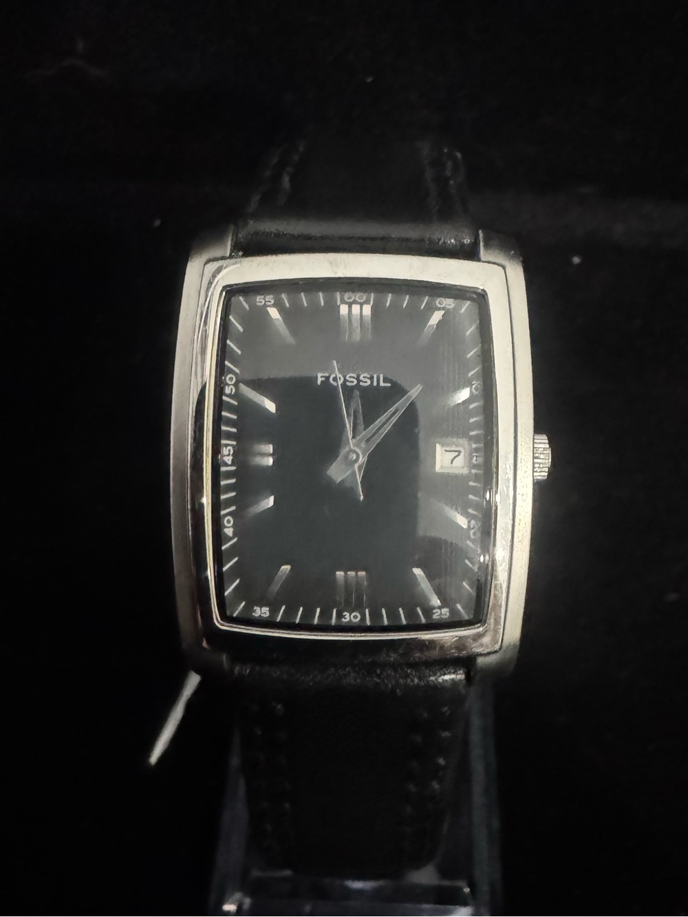 Fossil Silver Rectangular Case Watch with Black Leather Strap